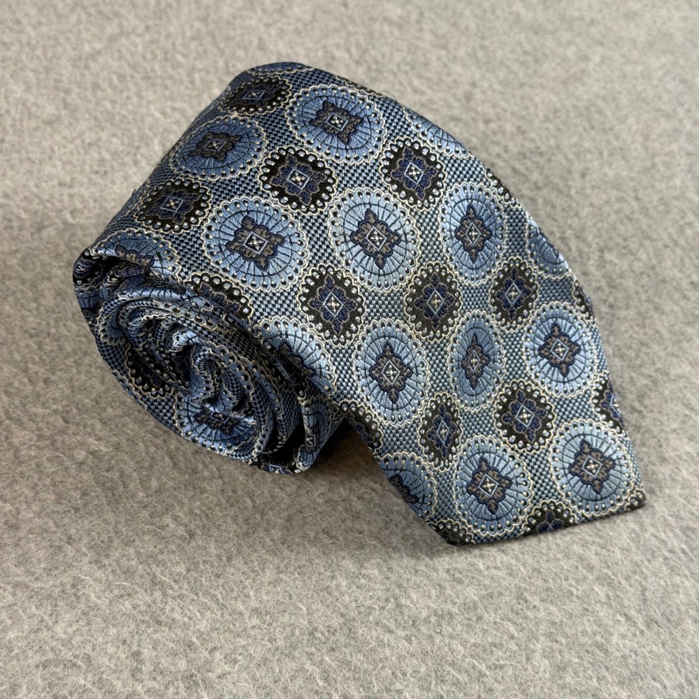 Vintage JZ Richards Mens Silk Tie Blue Black Geometric Medallion USA 60x3.5"